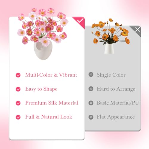 12PCS 36Heads Artificial Poppy Flowers with Stems (Light Pink+rose Pink+light Purple)