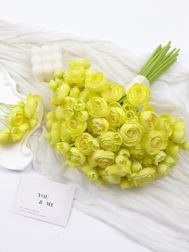 32Pcs Yellow Ranunculus Artificial Flowers for DIY Home Wedding (Yellow)