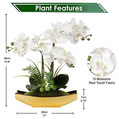 Orchids Artificial Flowers 15" White Phalaenopsis Orchid with Gold Pots Real Touch Faux Orchid Flower for Home Office Bedroom Table Centerpiece Desk Decor (White#1)