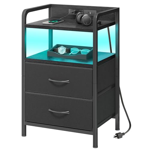 Black Led Nightstand (15.7"D x 11.8"W x 24.2"H (2 drawers) / Power+Light (1pc) / Black)