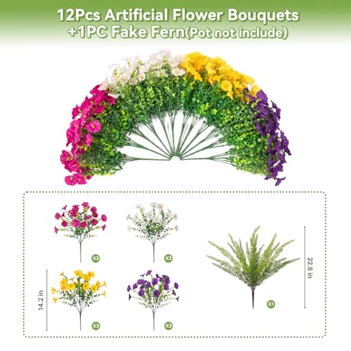 Artificial Flowers Fake Plants for Outdoors Decoration (Darkpurple Lightpurple Yellow White Fern)