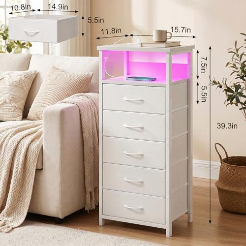 Night Stand with Charging Station (15.7"D x 11.8"W x 39.3"H (5 drawers) / Power+Light (1pc) / White)