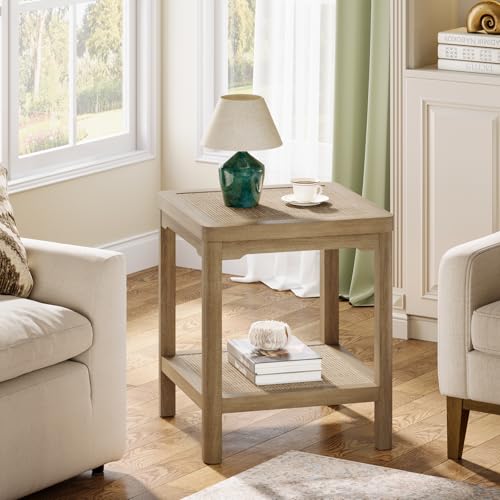 Square Rattan End Table Side Table Set of 2 with Round Edge Design (Caramel Oak, Square)