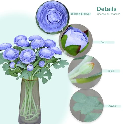 Artificial Ranunculus Flowers with Real Touch Stem (Blue / 6)