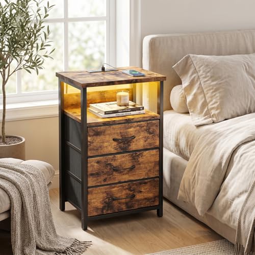 Night Stand with 3 Fabric Drawers (15.7"D x 11.8"W x 26.9"H (3 drawers) / Power+Light (1pc) / Rustic Brown)