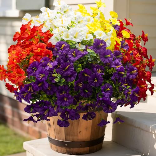 Artificial Faux Flowers for Outdoor 16 Bundles Boxwood Fake Morning Glory for Planter (Mix(white,yelow,orange,red,purple))