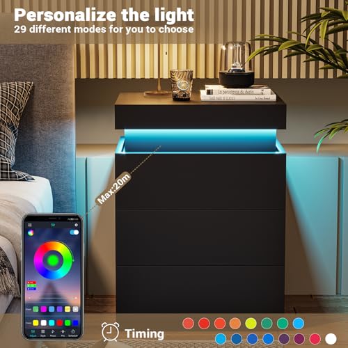 Black Nightstand with Charging Station and LED Lights (Black)