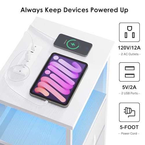 Night Stand with Charging Station (15.7"D x 11.8"W x 39.3"H (5 drawers) / Power+Light (1pc) / White)
