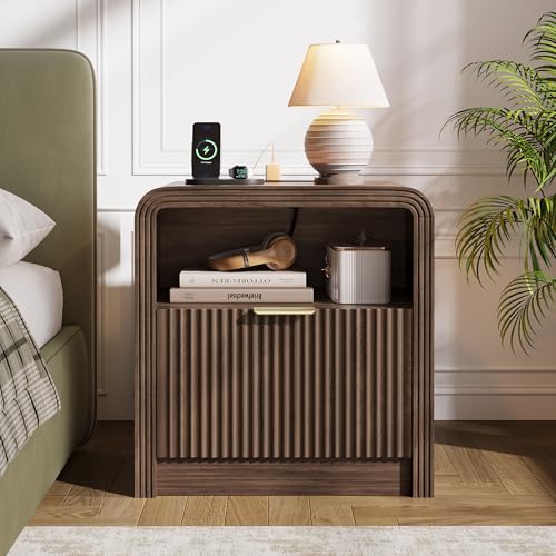 23'' Wide Fluted Nightstand Set of 2 with Charging Station (Walnut / 1 Drawer & Open Shelf)