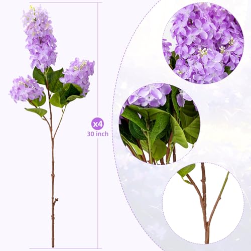4PCS 30inch Lilac Artificial Flowers Purple Fake Delphinium Long Stem Silk Real Touch Flower Faux Lilac Floral Arrangement for Tall Vase Table Centerpieces Wedding Garden Home Decoration (30inch Purple / 4 Pcs)