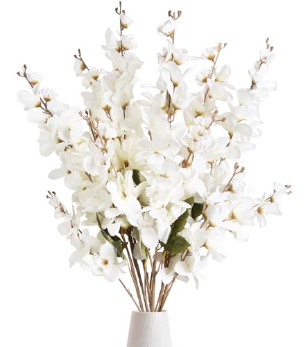6PCS White Delphinium Artificial Flower Lifelike Larkspur Silk Flowers Plant 35.43'' Long Stem Blossoms Fake Flowers for Tall Vase Floral Arrangements Home Table Wedding Decor (White)