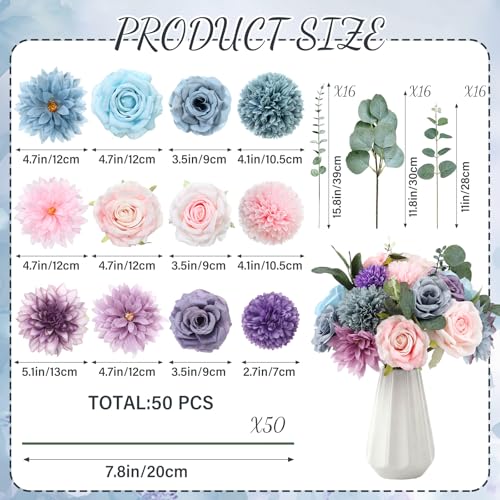 98pcs Artificial Flowers with Stems (Blue, Purple, Pink Color)