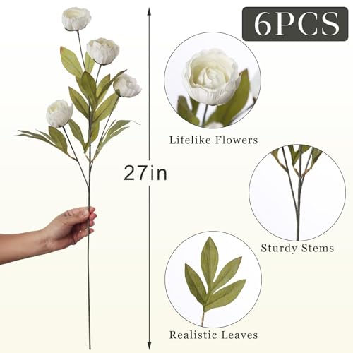 6 Pcs 27" Faux Silk Peony Artificial Flowers Stems for Vase (Cream)