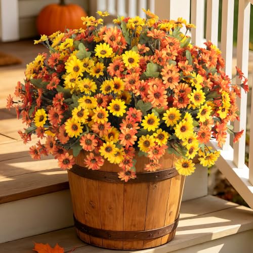 Artificial Fall Flowers Fake Mums Plants for Outdoors Decoration (6 Yellow, 6 Orange)