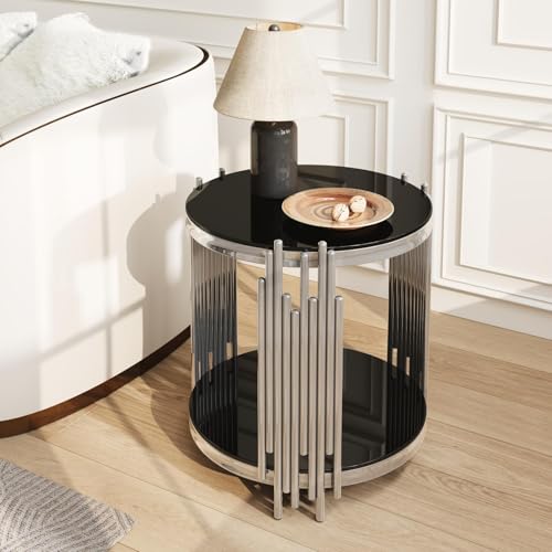 19.7''D Round Glass Side End Table with 2 Tiers (Silver & Black)