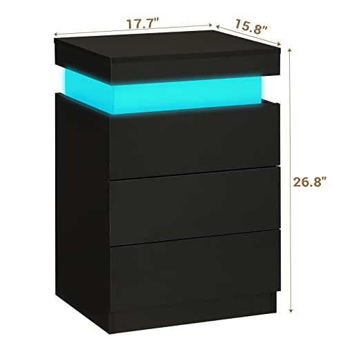 Black Nightstand with Charging Station and LED Lights (Black)