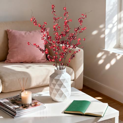 4Pcs Cherry Blossom Branches Artificial Flowers for Spring Summer Indoor Decoration (Red)