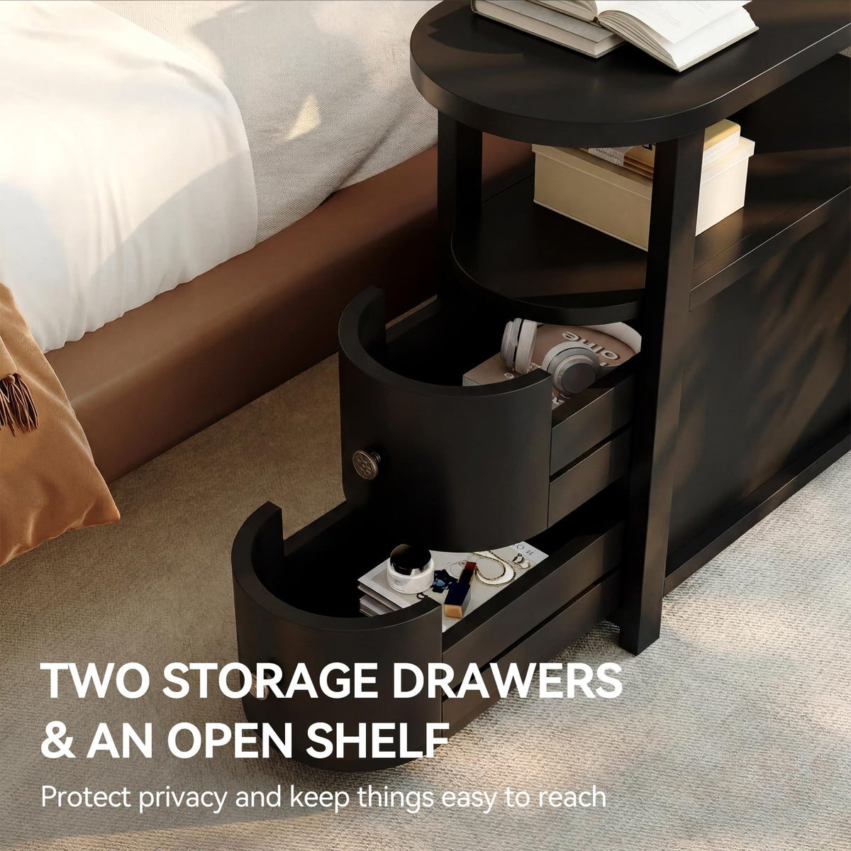 Solid Wood End Table with 2 Drawers & Open Shelf (Black)