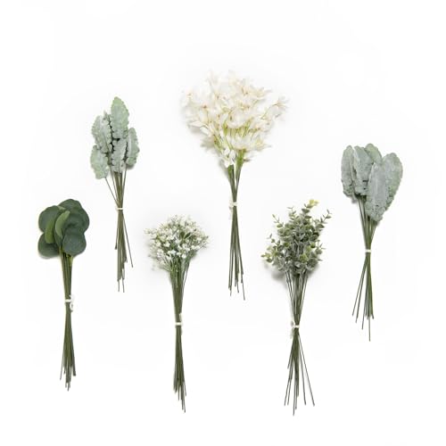 Artificial Faux Greenery Stems 98pcs Sage Green Fake Greenery (Grn-sage Green & White)