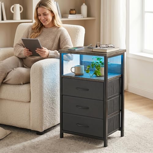 Night Stand with 3 Fabric Drawers (15.7"D x 11.8"W x 26.9"H (3 drawers) / Power+Light (1pc) / Charcoal Gray)