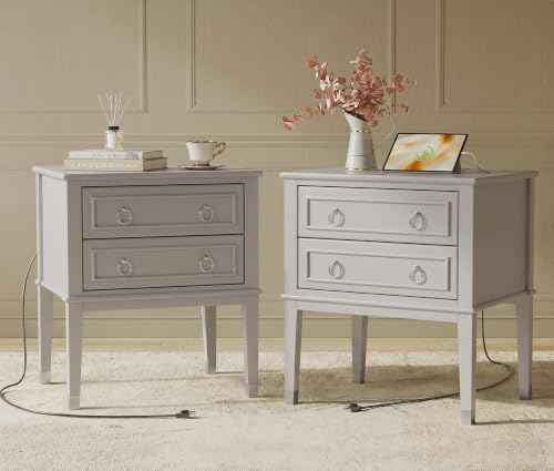 27.6 Inch Tall Nightstand with Charging Station (Grey)