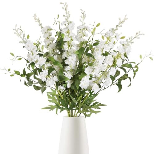 White Flowers Artificial Delphinium 9PCS with Clematis Greenery for Wedding & Home Decor (White)