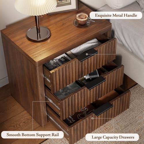 Fluted Nightstand with 3 Drawers (Walnut)