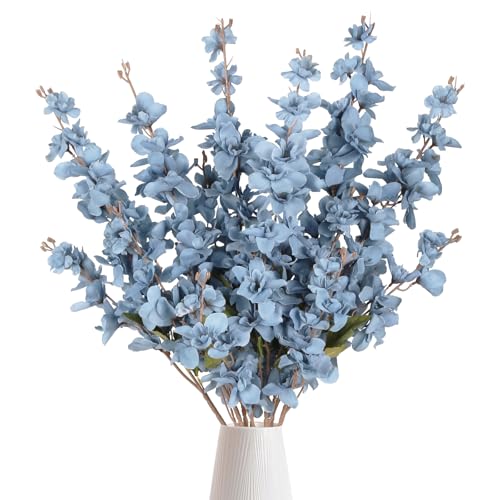 6PCS Delphinium Artificial Flower Lifelike Silk Larkspur Flowers Plant 35.43" Long Stem Blossoms Fake Flowers for Tall Vase Floral Arrangements Home Table Wedding Decor (Dusty Blue)