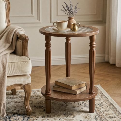 Walnut Brown Round 2‑Tier French Vintage End Table with Glass (Walnut Brown)