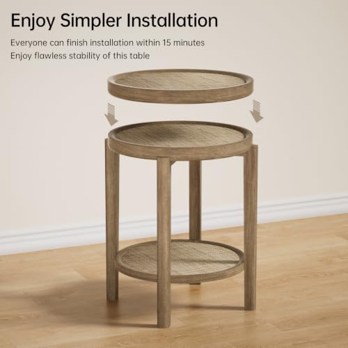 Rattan Round Side Table End Table Set of 2 with Storage Shelf (Caramel Oak, Round)