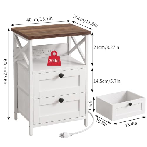 Night Stand with Charging Station (15.7"D x 11.8"W x 23.6"H (2 drawers) / Power+Light (1pc) / Natural Walnut & White)