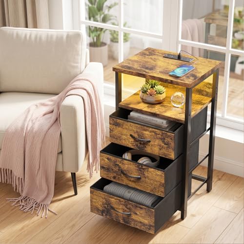 Night Stand with 3 Fabric Drawers (15.7"D x 11.8"W x 26.9"H (3 drawers) / Power+Light (1pc) / Rustic Brown)