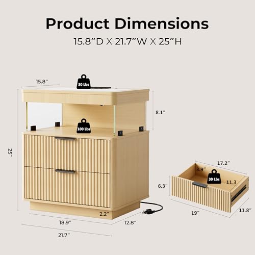 Fluted Nightstands Set of 2 with Charging Station