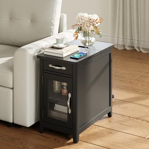 Set of 2 Charging End Tables with USB (Black / Glass Door)