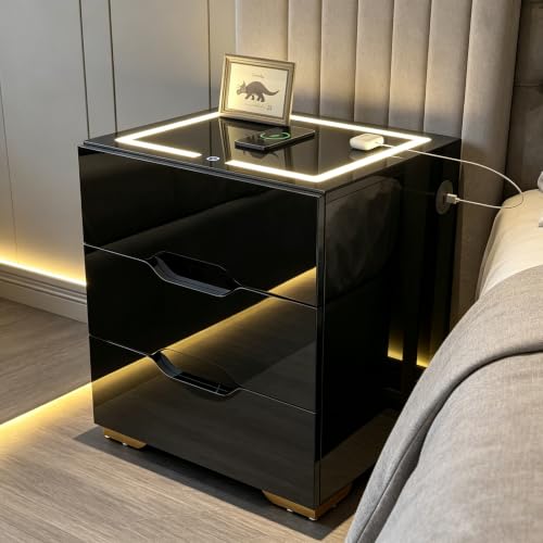 3 Drawer Nightstand with Charging Station (Black)