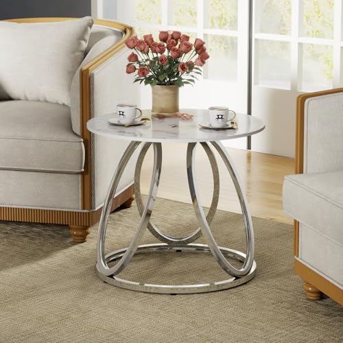 Round End Table with Marbling Stone (White)