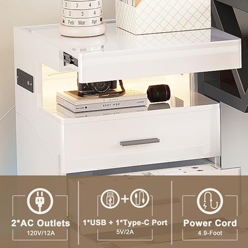 Led Nightstand with Hidden Space & Charging Station (White)