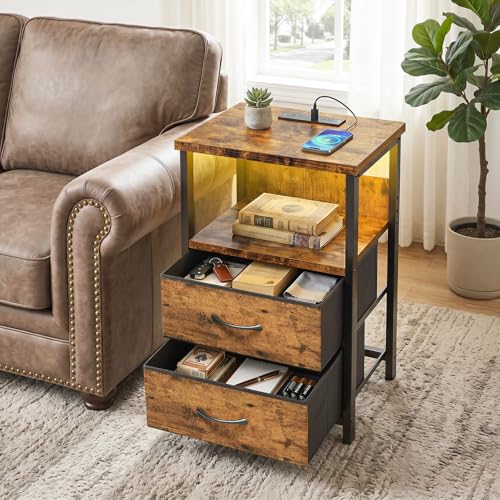 Night Stand with Charging Station (15.7"D x 11.8"W x 23.6"H (2 drawers) / Power+Light (1pc) / Rustic Brown)