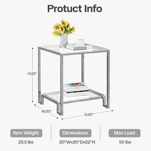 2 Tier Square End Table Side Table with Tempered Glass Top and Silver Stainless Steel Frame Modern Night Stand for Small Spaces Side Table with Storage for Living Room Bedroom (Silver / Style 1)