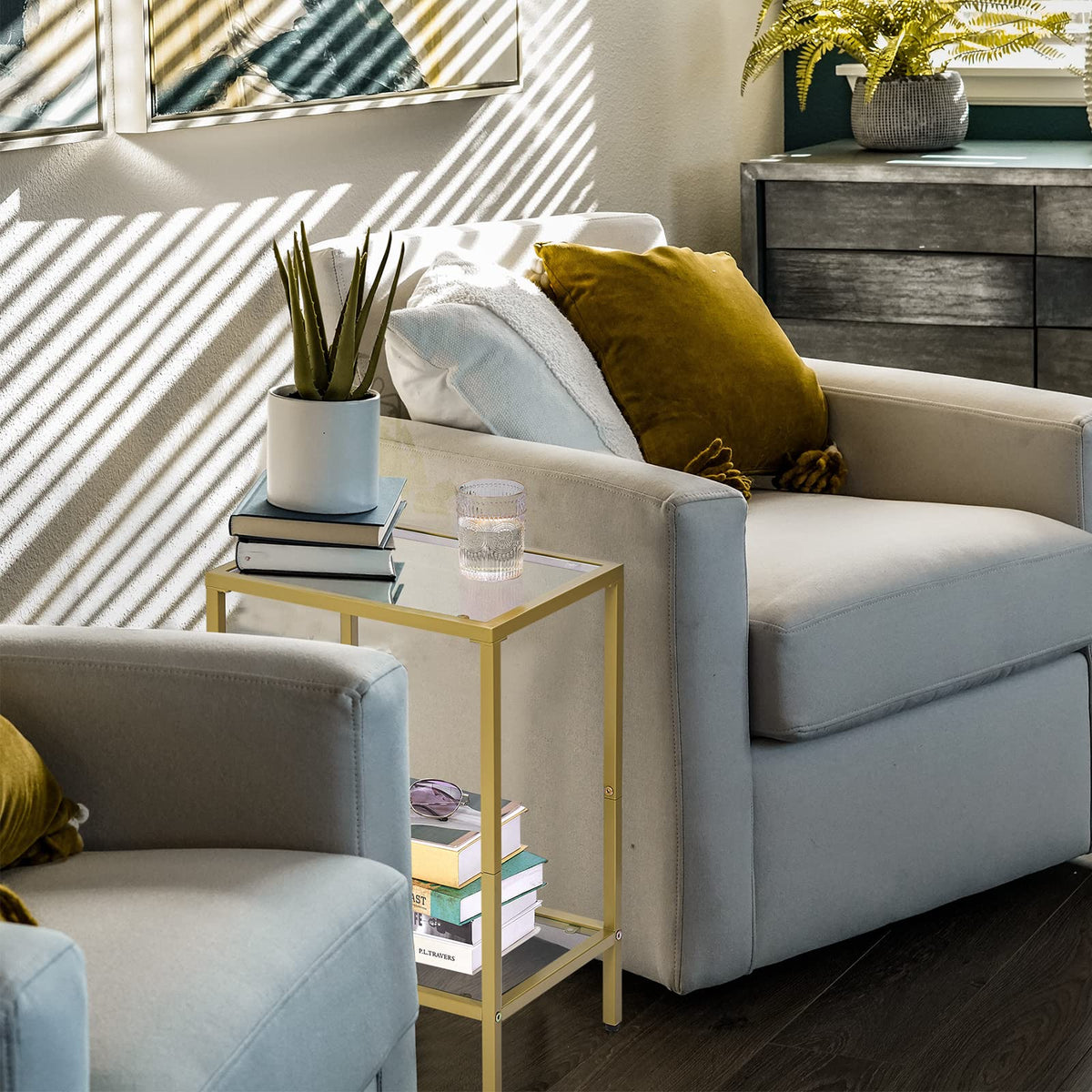 Side Tables Set of 2 with Tempered Glass (Gold / 11.8"D x 15"W x 23.6"H)