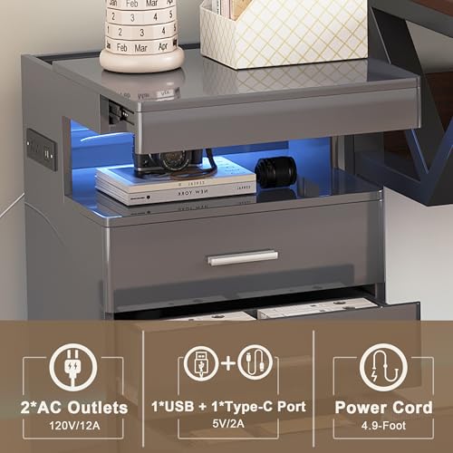 Led Nightstand with Hidden Space & Charging Station (Grey)