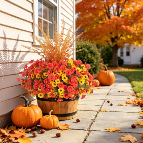 Artificial Fall Mums Flowers Fake Plants for Outdoors Decoration (3 Mixed Colors(6 Yellow,6 Orange,1 Fern))