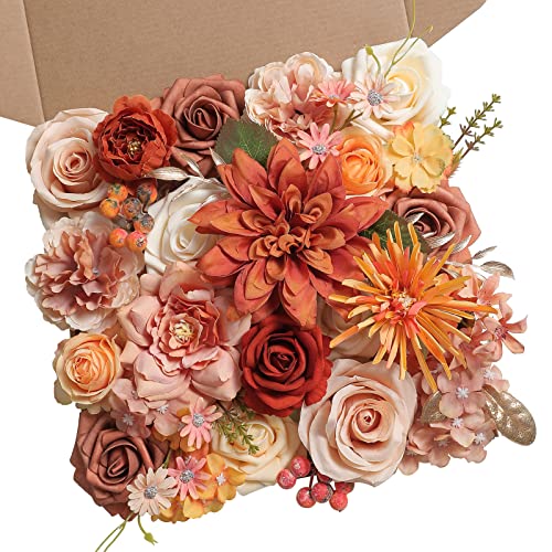 Artificial Flowers Combo Box Set Faux Flowers Bulk Flower Leaf with Stems for DIY Wedding Bouquets Centerpieces Baby Shower Party Home Decorations (Sunset Terracotta)
