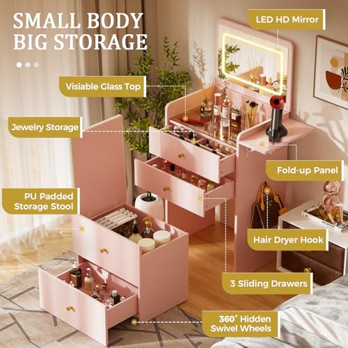 Makeup Vanity Desk with Mirror and Lights (Pink)
