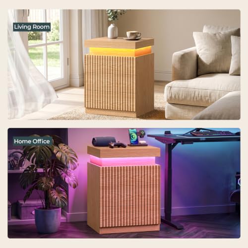 Fluted Nightstand with Charging Station and LED Lights (Oak)