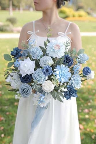 Artificial Flowers Combo Box Set for DIY Wedding Bouquets Centerpieces Arrangements Bridal Shower Party Home Decorations (Light Blue&navy Blue)
