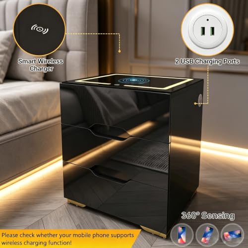 3 Drawer Nightstand with Charging Station (Black)