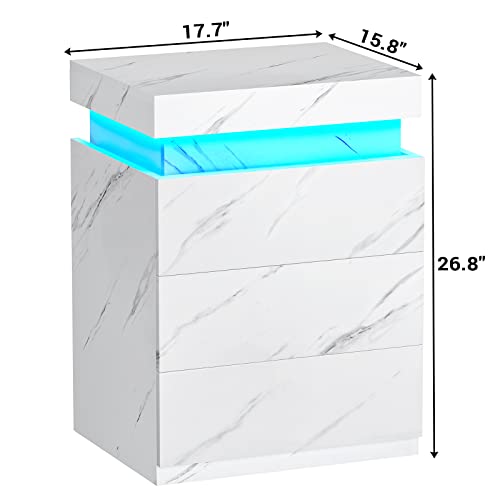Modern Nightstand with LED Lights (White Marble)