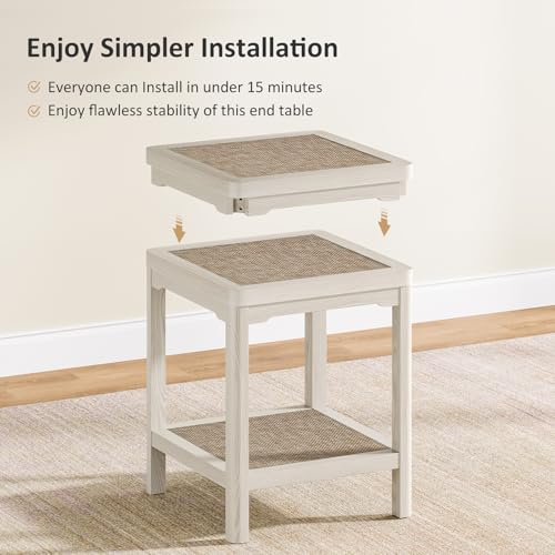 Square Rattan End Table Side Table Set of 2 with Round Edge Design (Creamy White, Square)