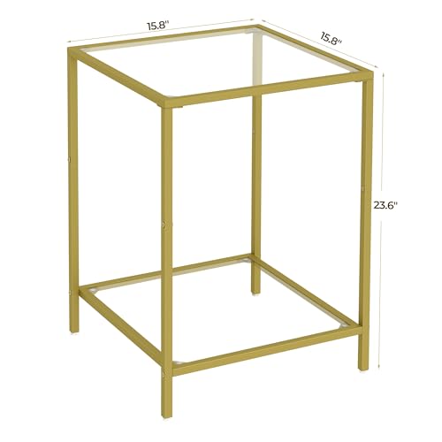 Side Tables Set of 2 with Tempered Glass (Gold / 15.7"D x 15.7"W x 23.6"H)